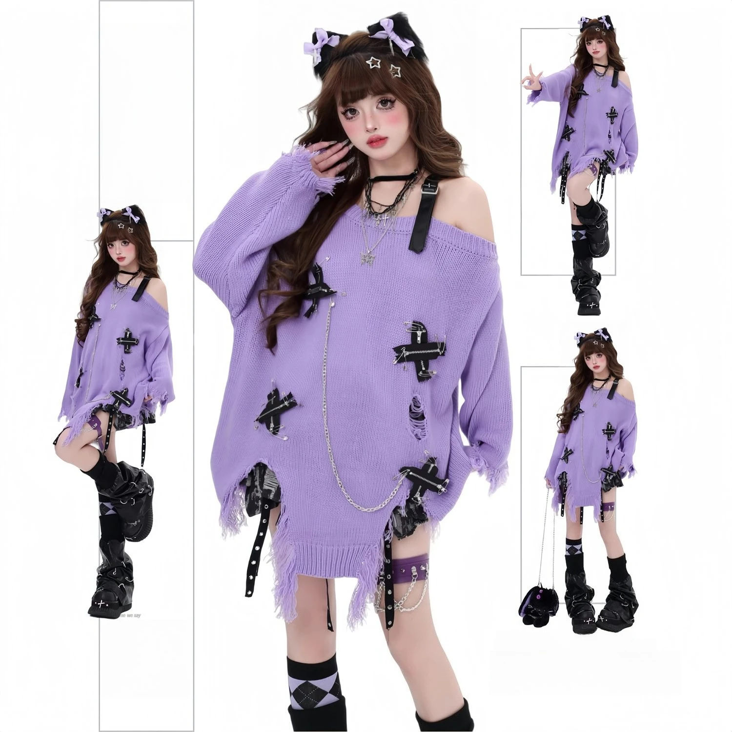 Subcultuur Y2k Zoete Gothic Off Schouder Losse Truien Vrouwen Herfst Winter Tops Gebreide Trui Harajuku Losse Vrouwelijke Nieuwe