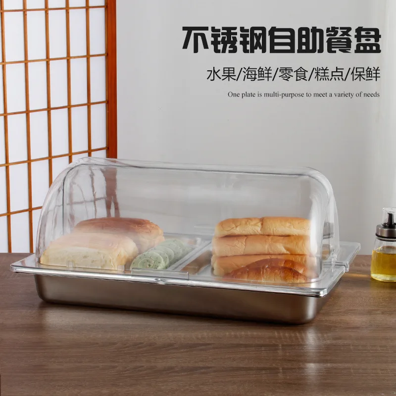 Dust Lid Rectangle Flip Plate Buffet Stainless Steel Display Plate Fruit Cake Dim Sum Tray with Lid
