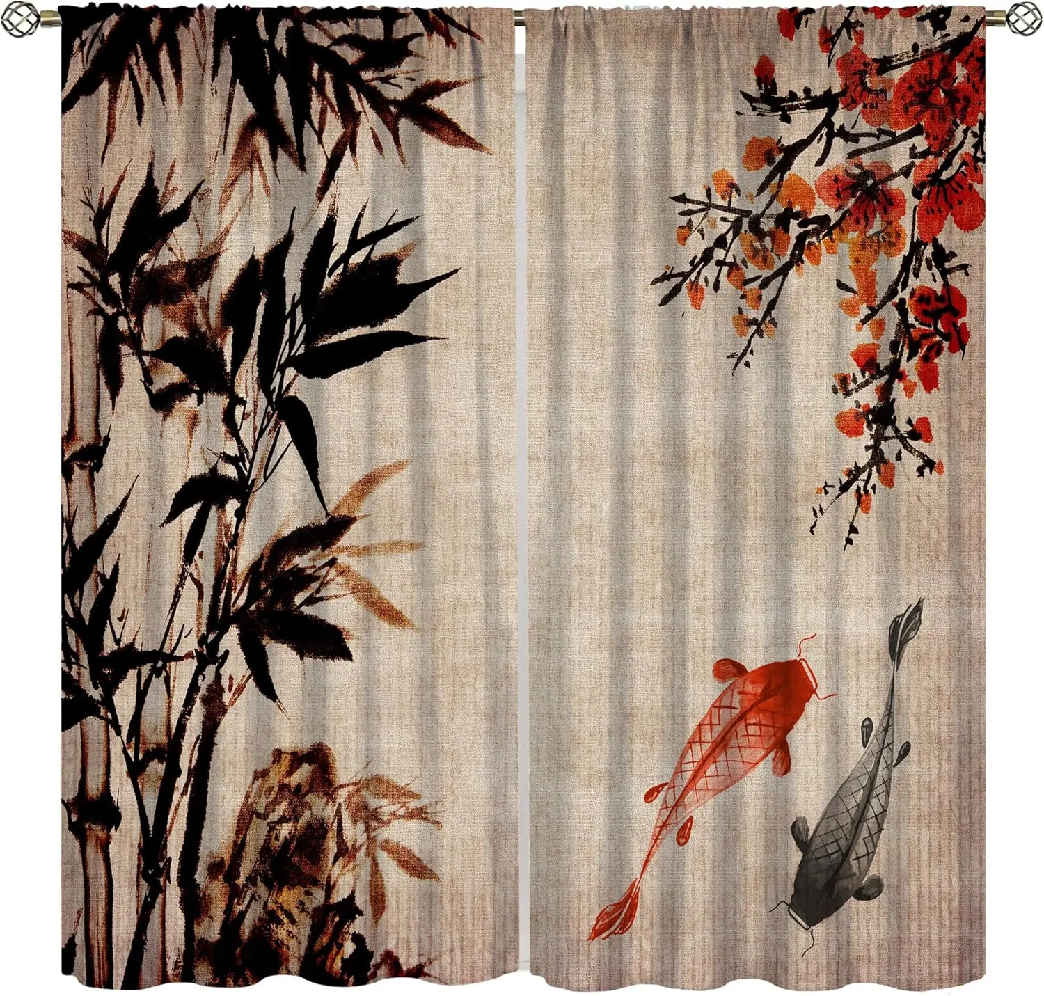 Koi Fish Curtains,Ink Painting Bamboo Red Plum Blossom Sun Koi Tradition Antique Painting Abstract Art Landscape Fabric
