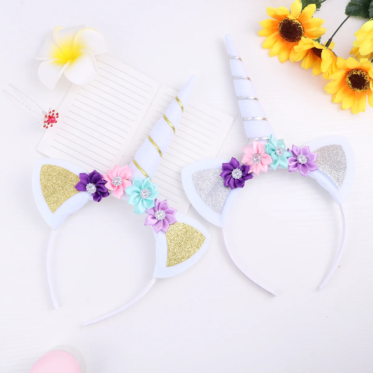 

2 Pcs Hairbands Headbands for Girls Floral Flowers Gold Silver Unicorn Hoops Child