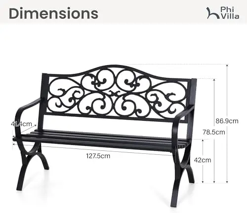 50-Inch Cast Iron Steel Frame Garden Bench Outdoor Patio Bench Chair w/Floral Design Backrest, Slatted Seat for Park