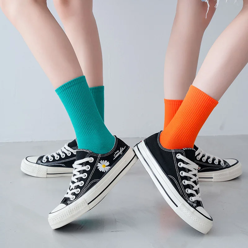 1 Pairs Women's Socks Four Seasons Colorful Middle Tube Cotton Breathable Sock High Quality Solid Color Comfortable Home Socks #