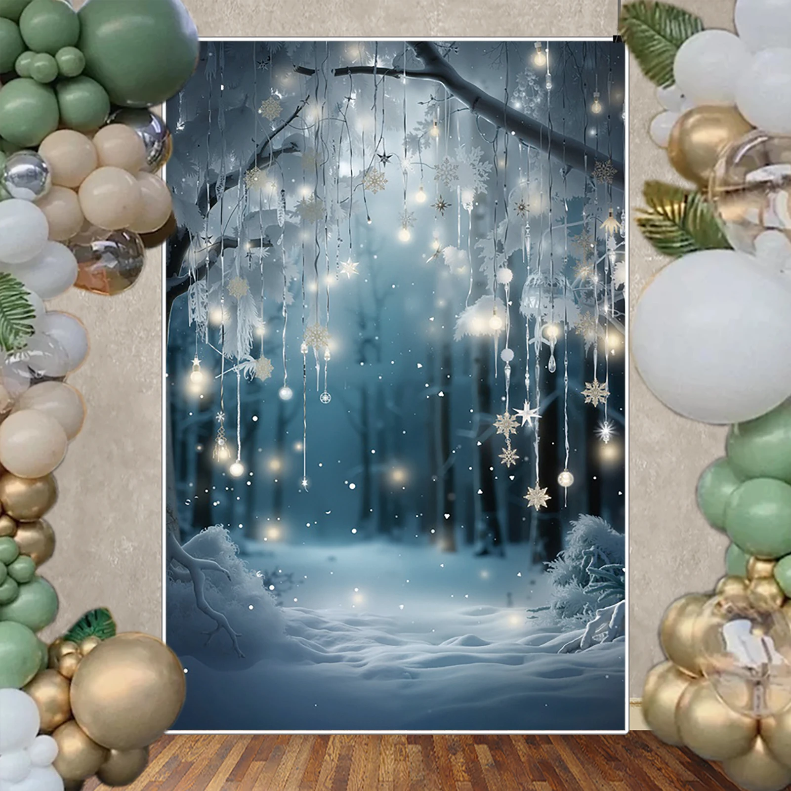 

MOON.QG Christmas Outdoor Backgrounds for Photography Fairy Xmas Backdrop Hanging Snowflake Enchanted Winter Photo Backgrounds