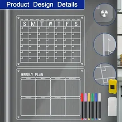 Acrylic magnetic refrigerator calendar and weekly calendar planning board, with 5 dry erase markers, pen holder, sponge wipe