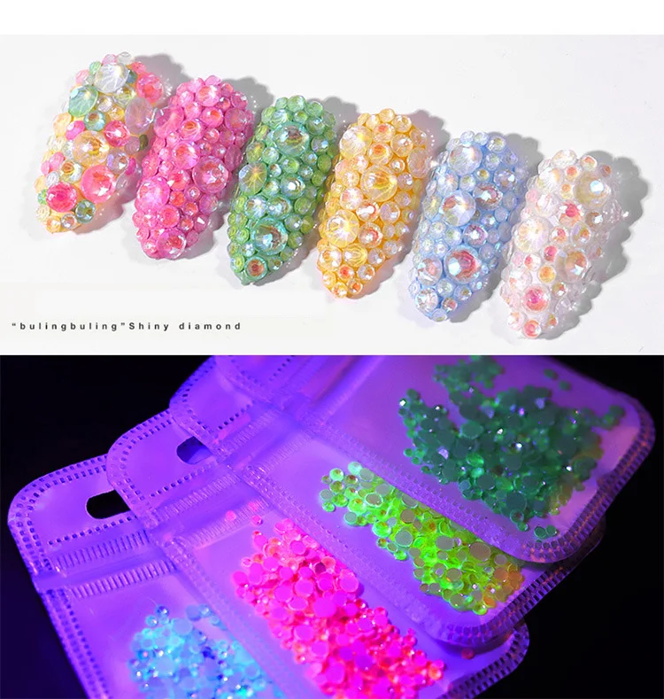1Pack Luminous Crystal AB Nail Rhinestones Mixed Size Glitter Glass Gem 3D Charm Flatback Strass Fluorescence Nail Art Decor