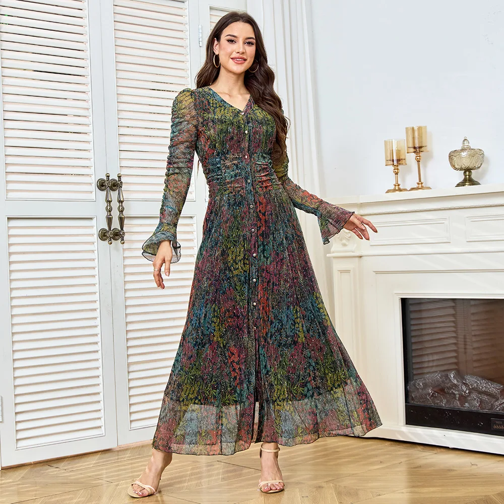 

Новое женское мусульманское платье Абая с традиционным кружевным дизайном, роскошное облегающее платье с длинными рукавами и кардиганом на пуговицах с кристаллами