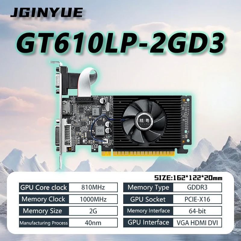 

JGINYUE GT610 2GB GDDR3 PCIeX16 2.0 GeForce VGA HDMI DVI 64Bit 1800MHz GT610 GPU Graphics Card Daily Office/TV STB/Monitor