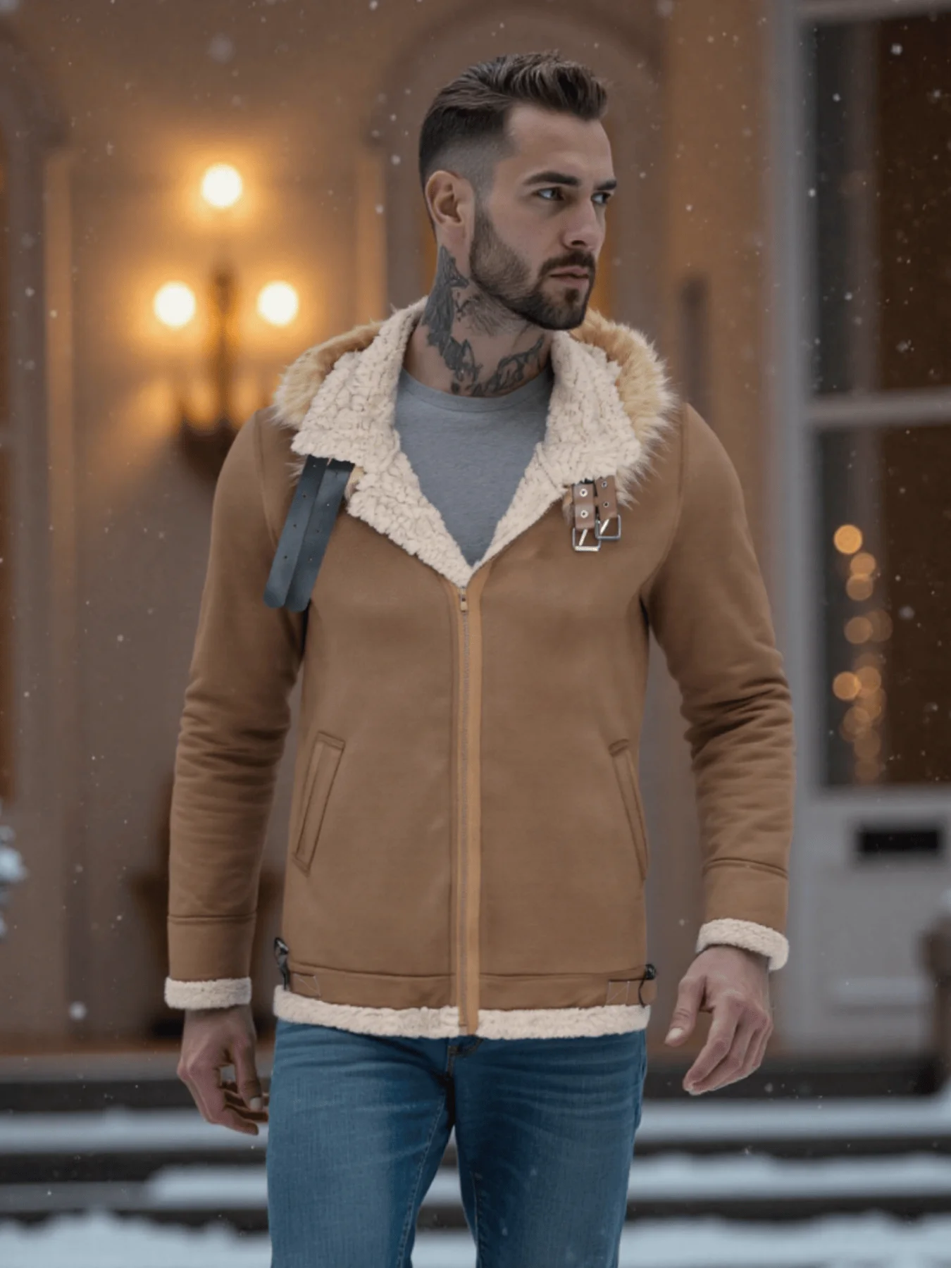 

Мужская меховая утепленная замшевая кожаная куртка с плюшевой подкладкой, теплая меховая зимняя ультра-теплая верхняя одежда для меха на открытом воздухе