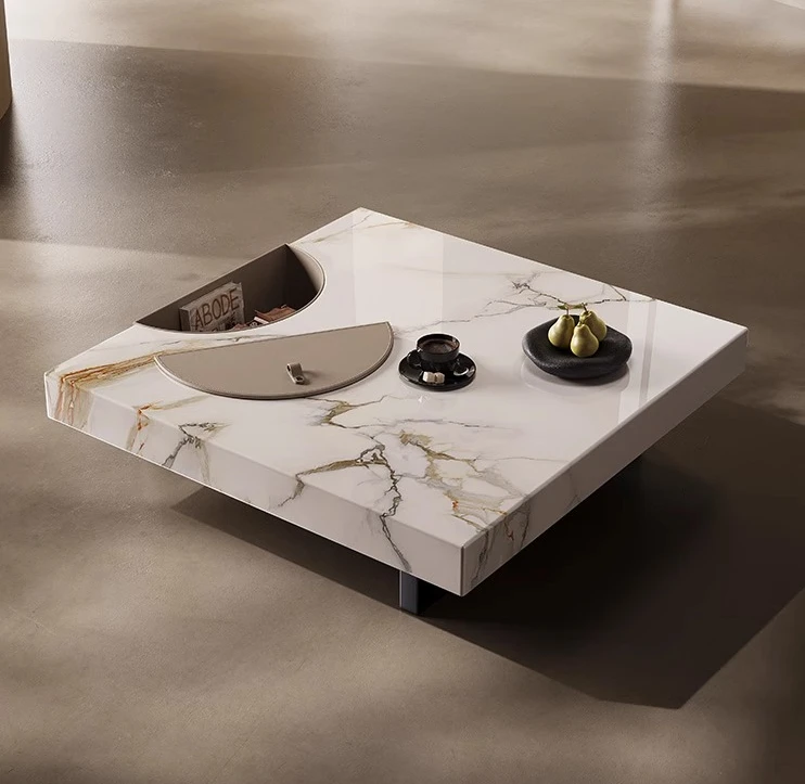 

Marble coffee table Italian minimalist living room ancient saddle leather square modern minimalist