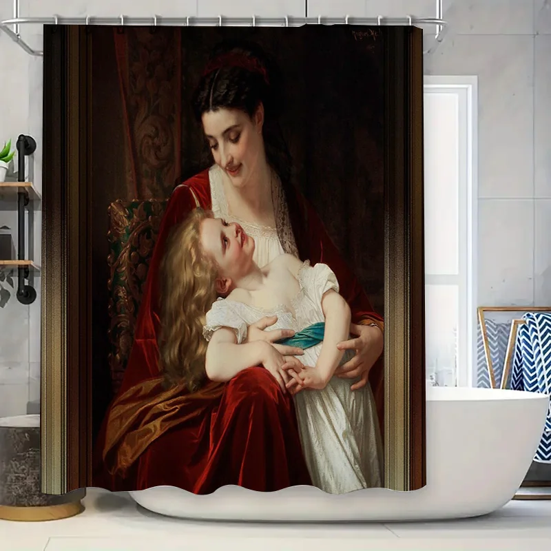 Vintage Mother and Child Portrait Shower Curtain Victorian Art Deco Aesthetic Bathroom Decor Farmhouse Tapestry Wall Hanging