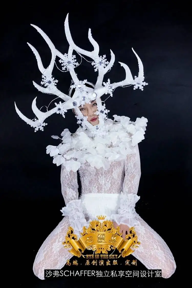 

White Nightclub GOGO Men's DS Christmas LED Light Deer Head Performance Dress Dance Team White Party Performance Dress Halloween