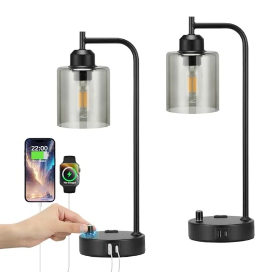 

Industrial Desk Lamps for Office Set of 2 - Fully Dimmable Bedside Lamps with USB A C Ports and Outlet Black Nightstand Lamps w