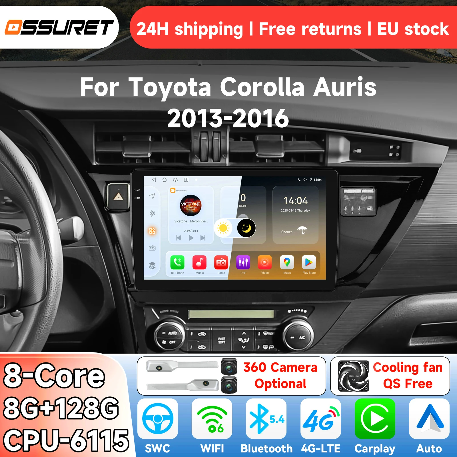 OSSURET Autoradio Android 14 per Toyota Corolla Auris 2013-2016, Lettore Multimediale Intelligente con Carplay, GPS 6115