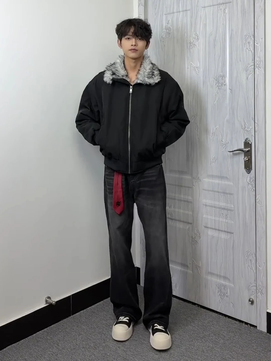 

Bla Cotton Jaet Men's Winter Faionable ort High Collar Leather Coat Warm Thiened Casual Sle Zipper Closure Pure C...