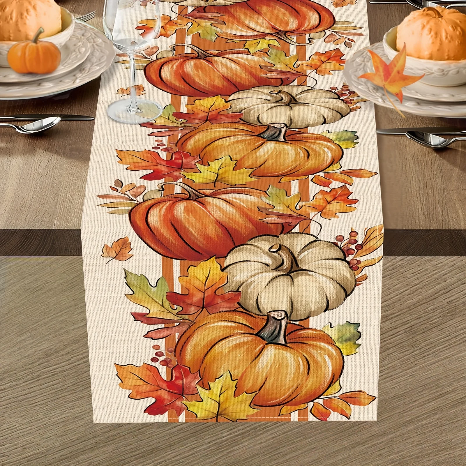 Fall Pumpkin Maple Leaves Linen Table Runner Holiday Party Decor Reusable Kitchen Dining Table Runner Autumn Decorations