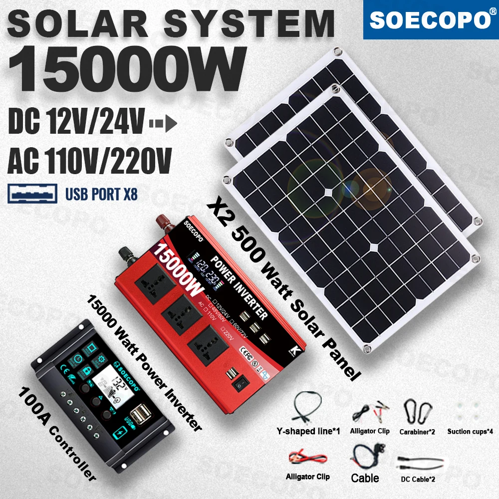 

All-in-One Portable SOECOPO 15000W Solar Kit 2×500W High-Efficiency Panel 100A Inverter for car Home Backup & Outdoor Adventures