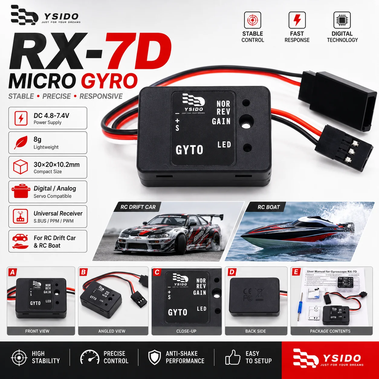 Micro Gyro Scope RX-7D Mini Gyro DC 4.8-7.4V for RC Drift Racing Car RC Boat Digital/Analog Universal Transmitter&Receiver