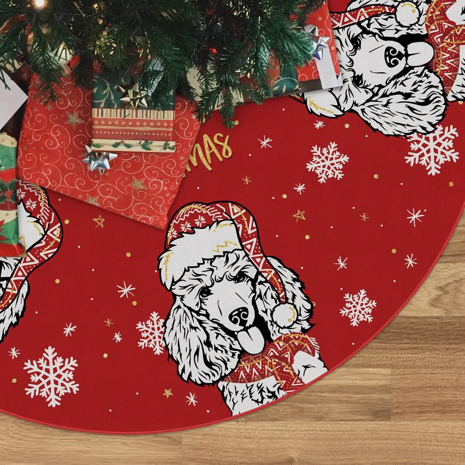 Falda de árbol de Navidad Falda de árbol rojo Dachshund Falda de árbol de invierno de Navidad para perro Decoraciones navideñas para interiores y exteriores
