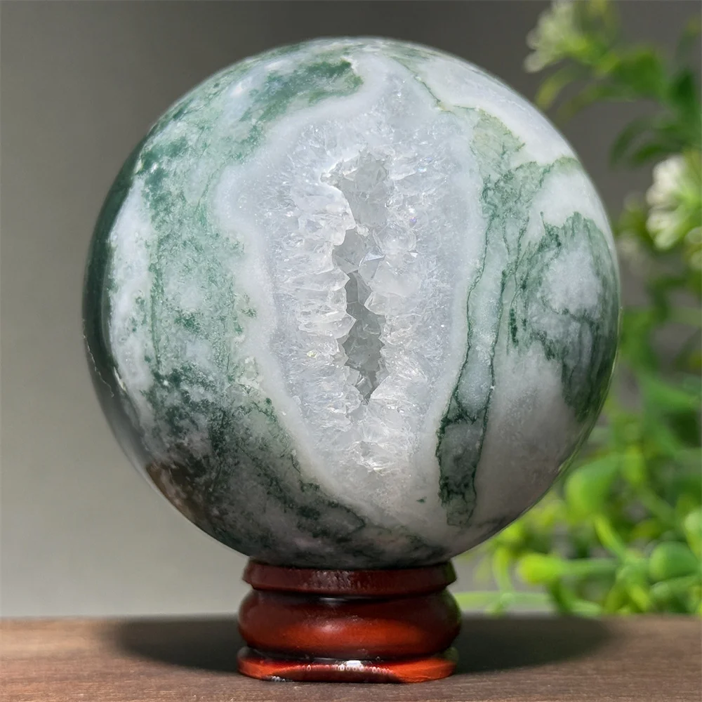 Natural Gem Moss Agate Mineral Crystal Ball Witchcraft Chakra Reiki Healing Spiritual Meditation Home Decoration Lucky Gift+Base