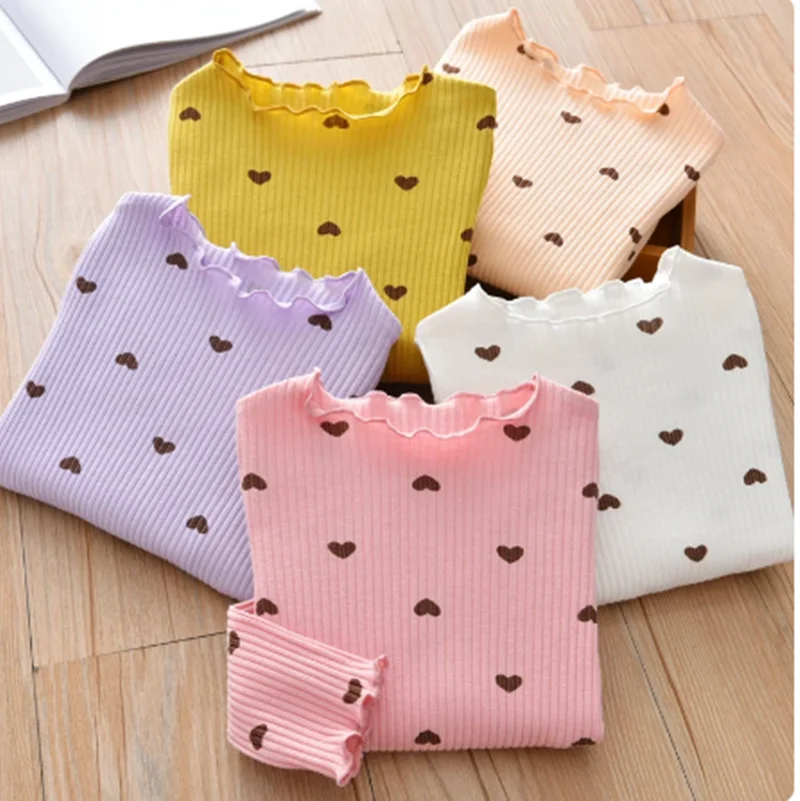 

New Girls' Base Shirt Spring And Autumn Love Printed Style 100% Cotton Underwear Children'S T-Shirt Long-Sleeved Kids Casual Top