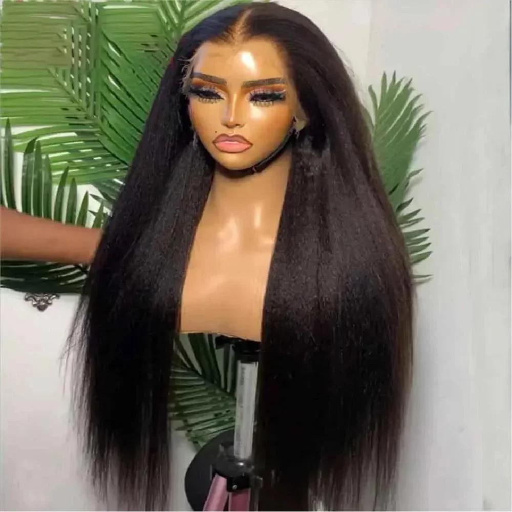 30inch 180density Soft Kinky Straight Wig Black Yaki Lace Front Wig With Baby Hair Synthetic Wigs Heat Temperature Glueless