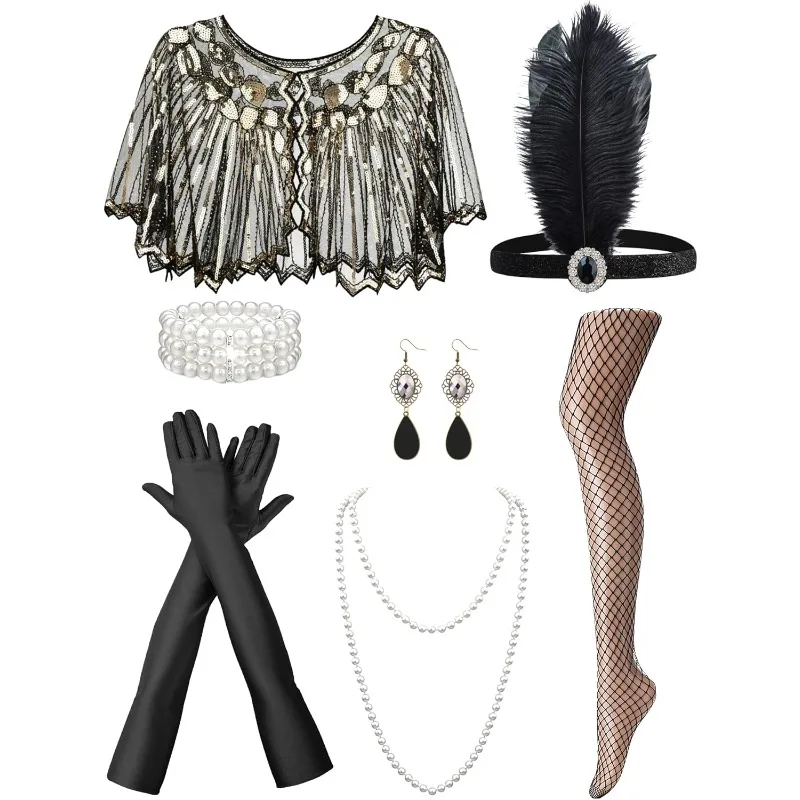 Conjunto de Accesorios de los Años 20 para Mujer, 7 Piezas, Estilo Flapper Vintage de los Años 20 con Diadema, Disfraz para Mujer de los Años 20 para Halloween