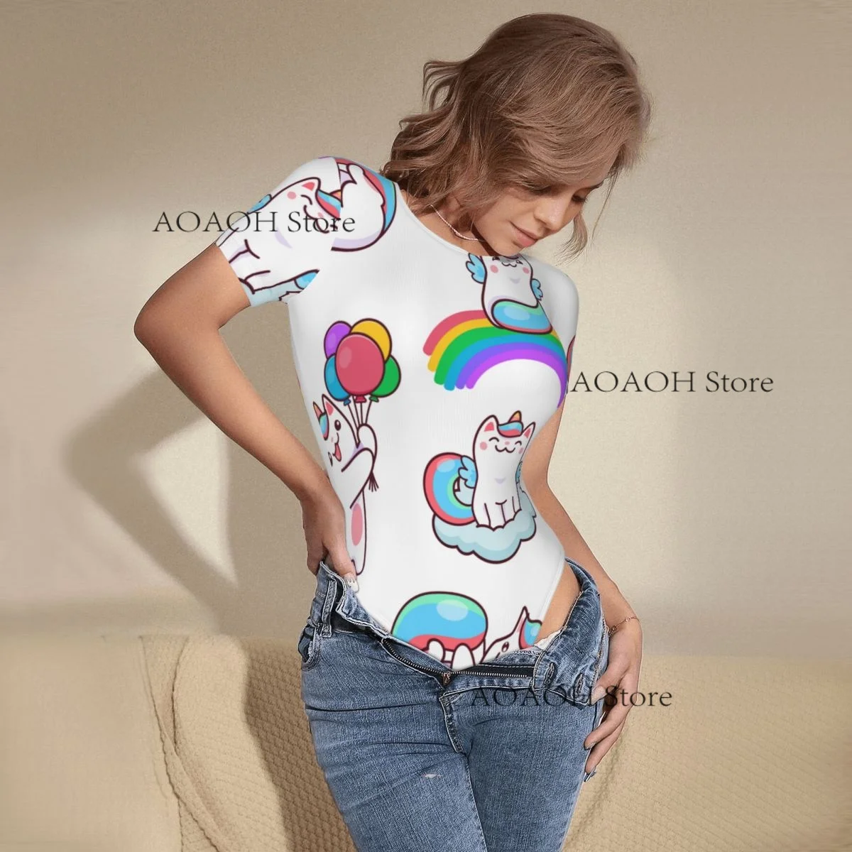 Sexy Female Jumpsuit Women Romper Bodysuit Sleeved Rainbow White Cat Woman Clothes Tight Overalls