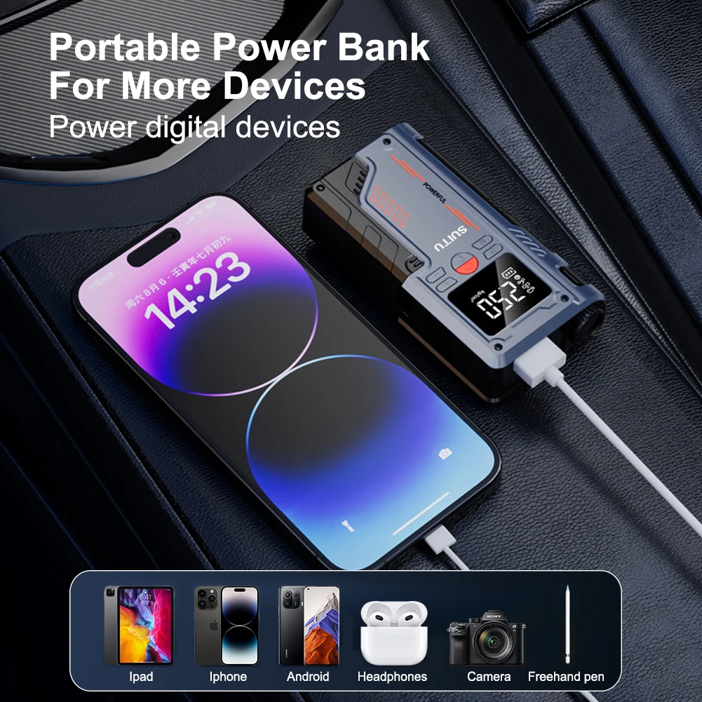 120W 1000A Car Jump Starter Power Bank 4 In 1 Air Compressor Tire Inflator 20000mAh Portable Battery Booster with LED Flashlight