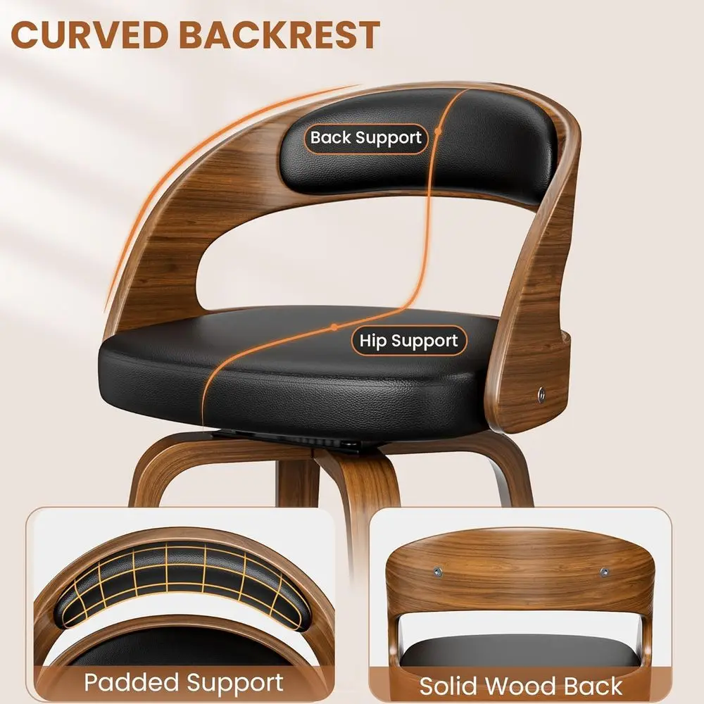 زوج من 26 مقعدًا دوارًا، منجدًا من الجلد الأسود، تصميم من خشب Bentwood لارتفاع العداد، مناسب لجزر المطبخ وبا #5