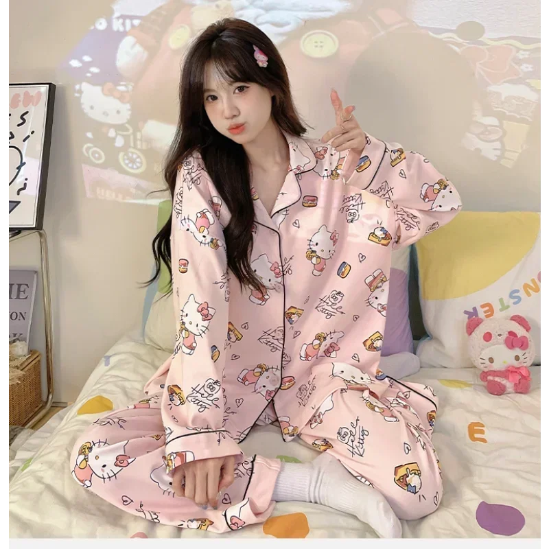 Sanrio Hello Kitty Autumn Ice Silk New Long Sleeve Trousers with Chest Pad Women\'s Pajamas Silk Pajamas Women\'s Loungewear Set