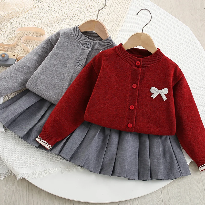 2026 New Spring Baby Girl Knitted Clothes Suit Long Sleeved Knitted Cardigan Coat+Short Skirt 2-6Yrs Children Clothes Suit