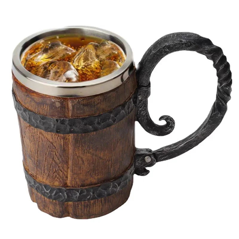 

600ml Viking Wood style Beer Mug Christmas Gift Simulation Wooden Barrel Cup Double Wall Drinking Mug Metal Insulate Bar Tool