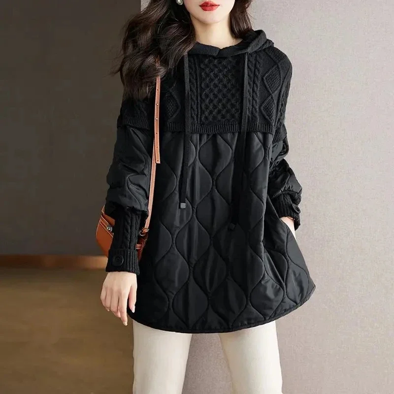 Women\'s Winter Parka 2024 Splicing Temperament Fashion Down Cotton Jacket Ladies Coat Knitting Appear Thin Hooded Female Jacket