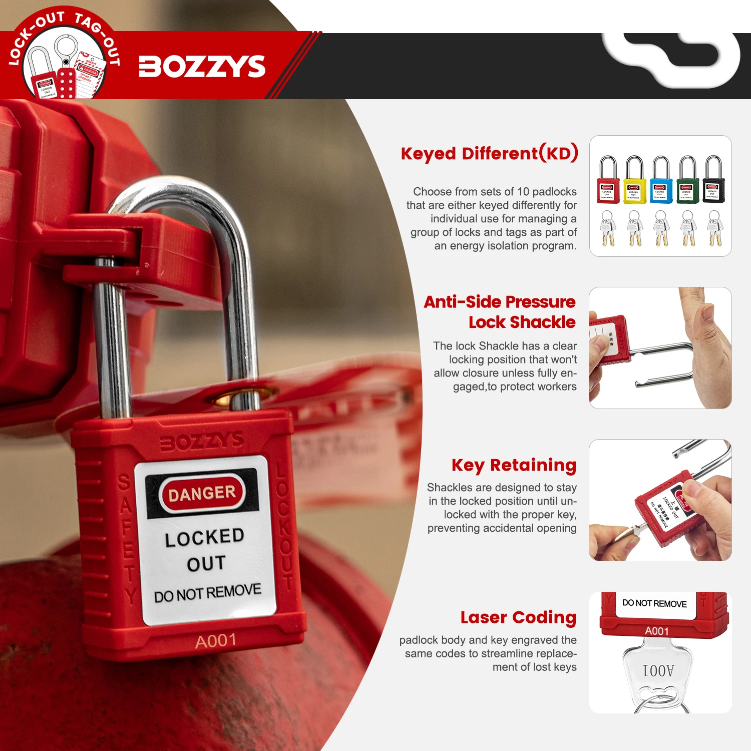 10PCS Lockout Safety Padlocks,Steel or Nylon Shackle,Keyed Alike or Keyed Different for Valve and Electrical lockout