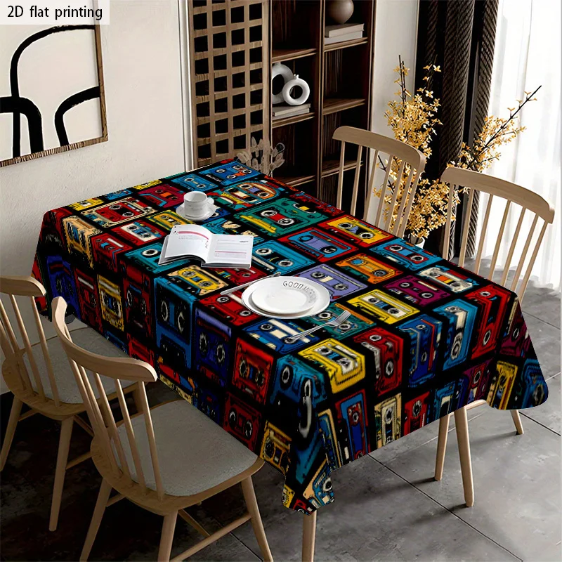 Retro Cassette Tape Tablecloth Colorful Vintage Audio Tape Print Rectangular Table Cover Dining Kitchen Home Decor Party Banquet