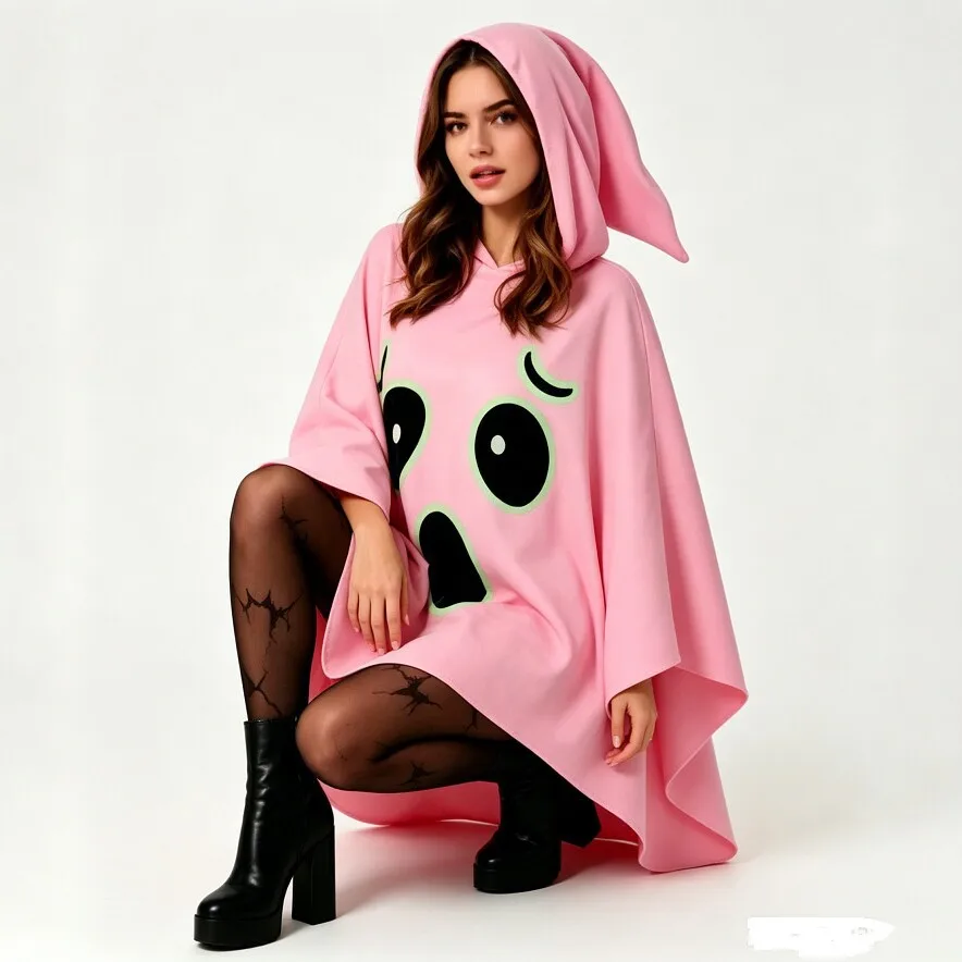 Women Pink Ghost witch Poncho Hooded Batwing Cape Glow In Dark Ghost Print Halloween Party Cosplay Costume - view 5