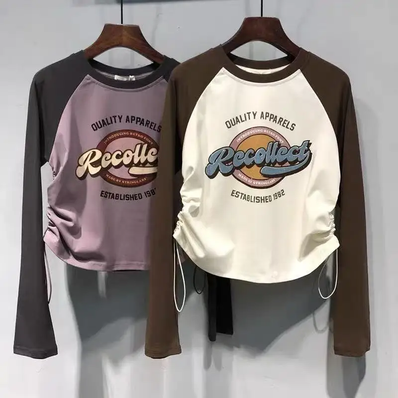 

Spring and Autumn Girls' Letter Printed Long Sleeve T-shirt Slim Fit Teenage Girls' Bottom T-shirt Round Neck Top Children Shirt