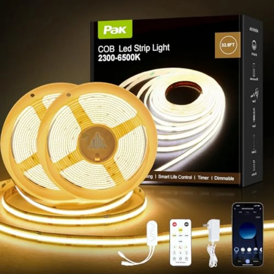 

Светодиодная лента COB 10 м, диммируемая, белая, с регулировкой цветовой температуры 2300K-6500K, 24В DC, высокая светоотдача, с возможностью нарезки, 6080 светодиодов, 48Вт, CRI 9