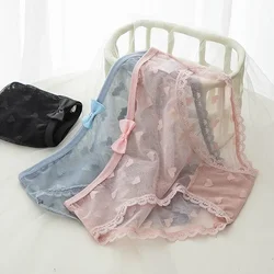 Mid-Waist Japanese Sweet Panties Feminine Lace Bow Love Mesh Cotton Crotch Briefs Women's Mesh Cotton Crotch Panties