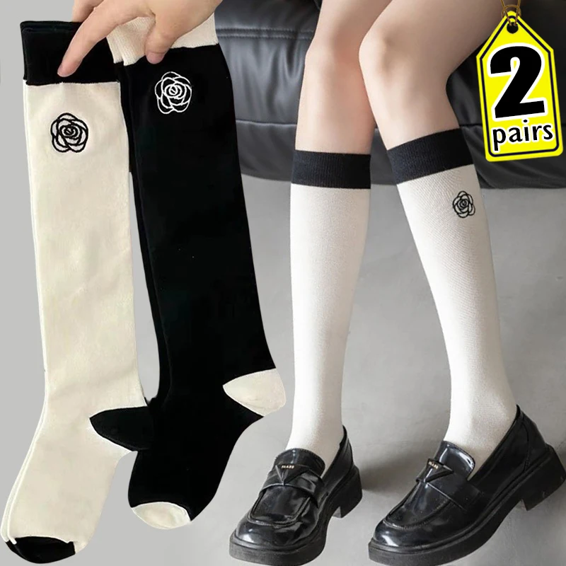 Japanese Camellia Rose Long Socks Women Girls Sweet Lolita Flower Cotton Knee High Sock Students Ins Skirt Matching Calf Socks