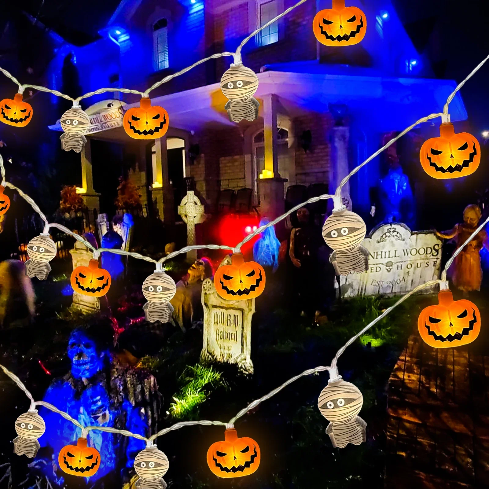 

1PC 10/20 Halloween Pumpkin & Mummy Shape String Light Battery Powered Scary Atmosphere Hanging Lamp Indoor Outdoor Decoar