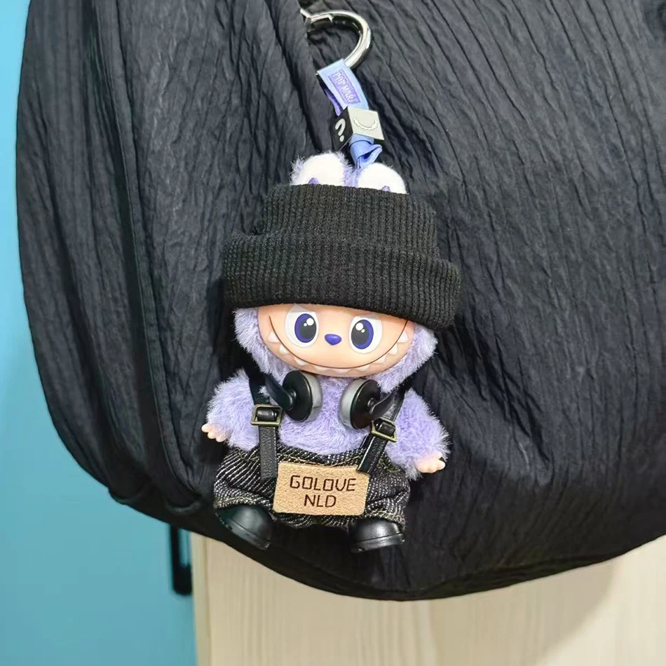 For Mini Labubu Pin For Love Black Bib Overalls Hairband V4 Doll Accessories Plush Doll Outdoor Keychain Lovely Outfit Toy Gifts