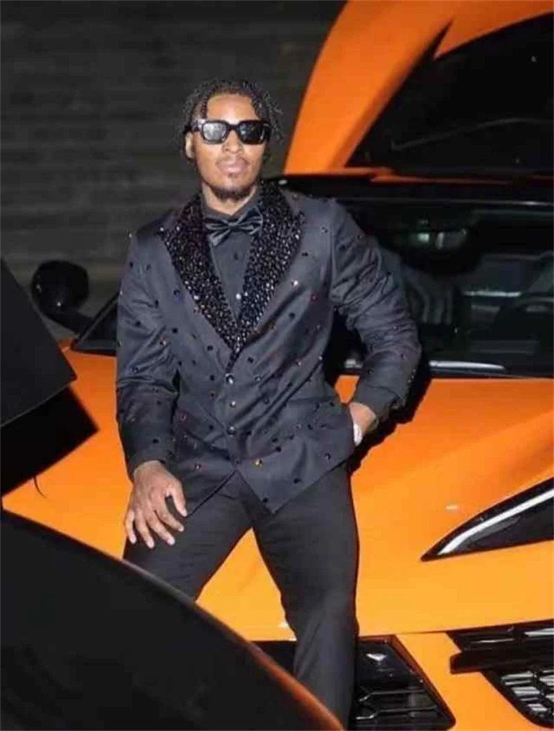 럭셔리 크리스탈 남성 정장 세트 2피스 블레이저+바지 블랙 가을 웨딩 턱시도 포멀 오피스 재킷 프롬 코트 맞춤 제작