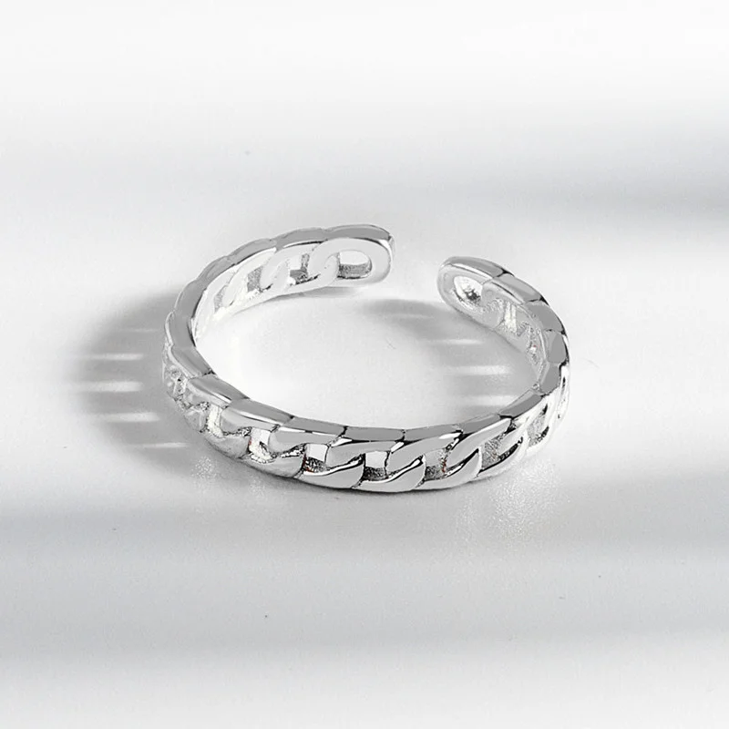 

925 Sterling Silver Simple Punk Rings Women Fashion Vintage Hollow Out Weaving Chain Birthday Party Jewelry Accessories