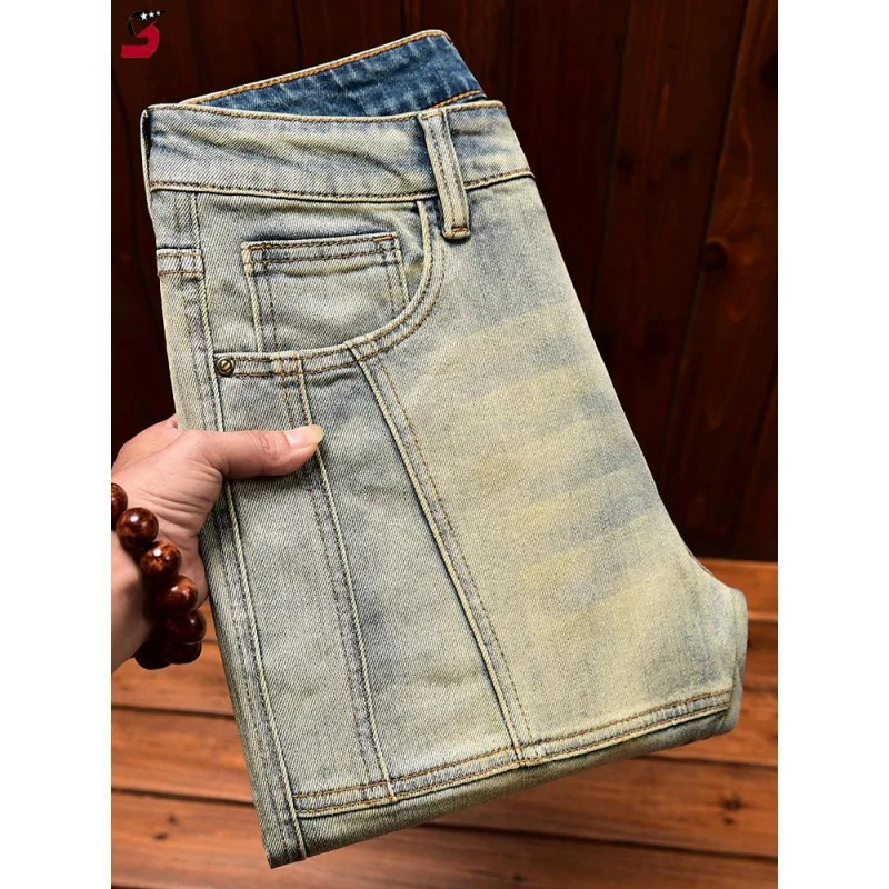 High End Light Luxury Trendy Men's Jeans Straight Tube Slim Fit Elastic Motorcycle Washed Retro And Versatile Street Denim Pants