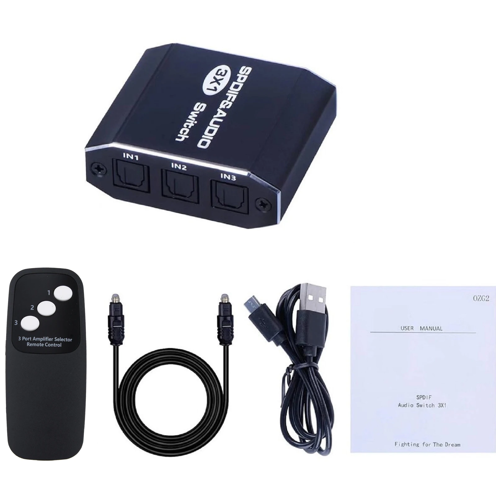 3 in 1out  Aluminum Alloy Spdif Toslink Optical Digital Audio Splitter 3x1 SPDIF Optical Cable Splitter Hub Support DTS AC3