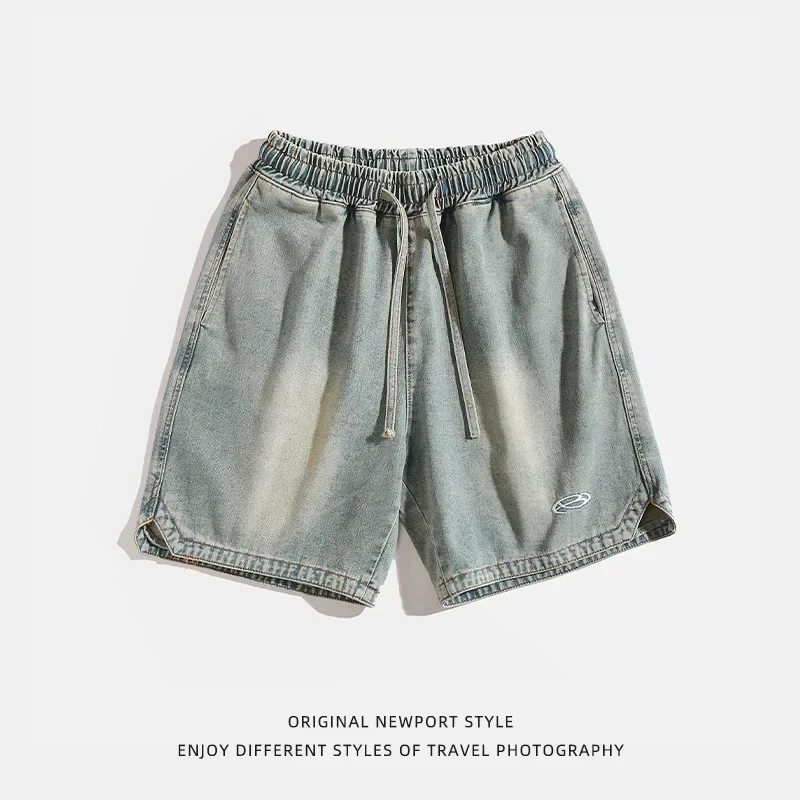 Men Embroidery Loose Casual  Denim Shorts Washed Spliced Shorts Knee Length Distressed Drawstring Straight Jeans 2025 New Summer