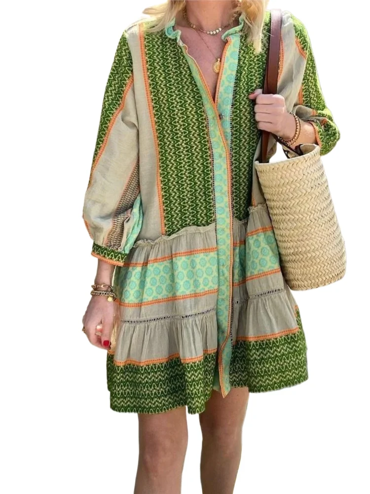 

Boho Print Dress Lady Casual Three Quarter Ruffles Loose Mini Dresses For Women Fashion Holiday Womens Clothing Summer New 2025