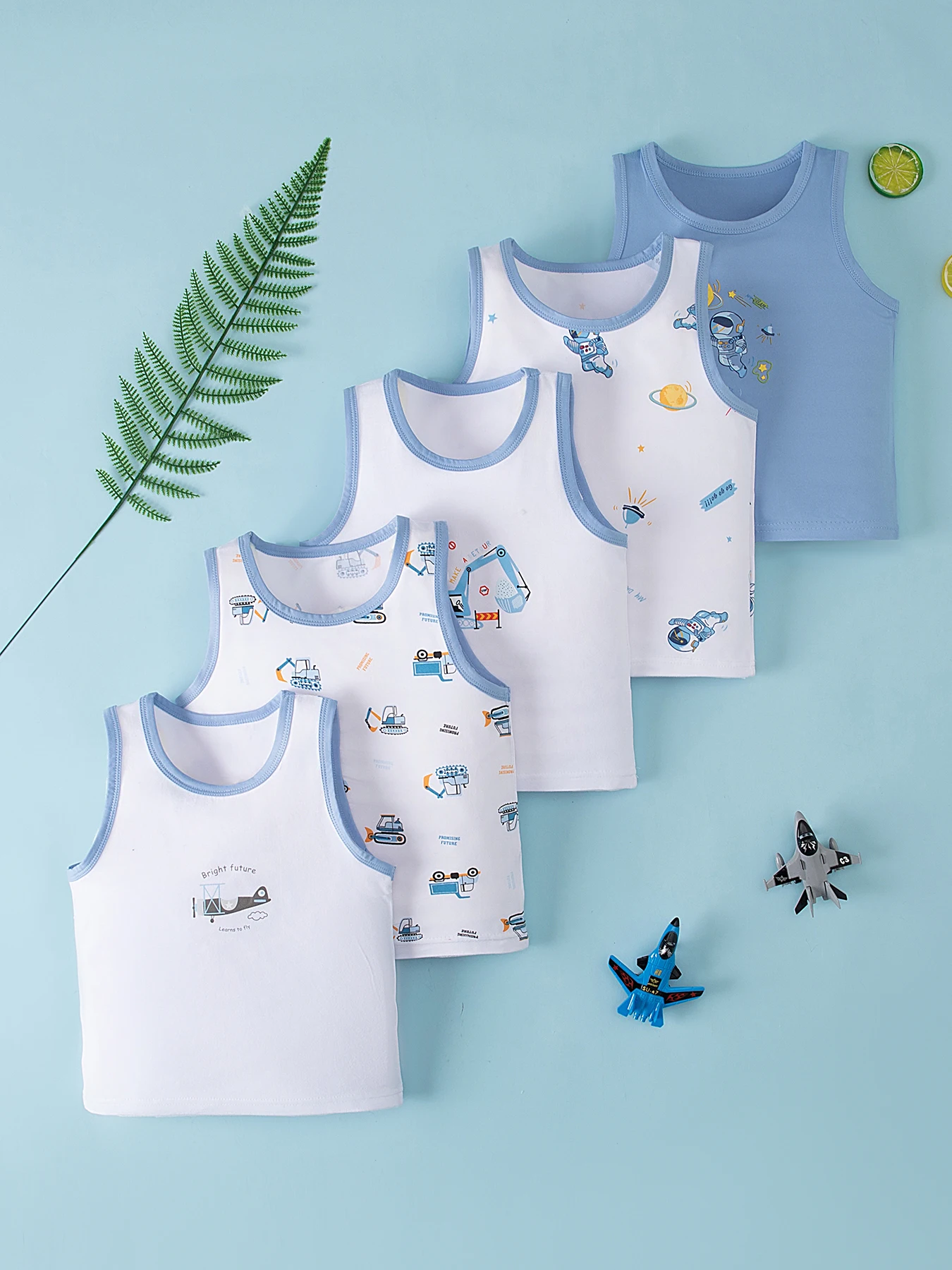 3/5 Piece Set of Four Season Children's Multi-Color Combination Cartoon Vest for Boys Casual and Handsome Round Neck Sleeveless