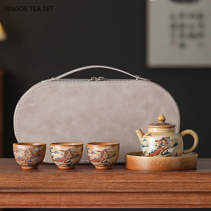 

Exquisite Travel Tea Set Ceramic Quick Cup Outdoor Portable A Pot Three Cup Set Ceramic Beauty Tea Infuser Teapot and Cup Set